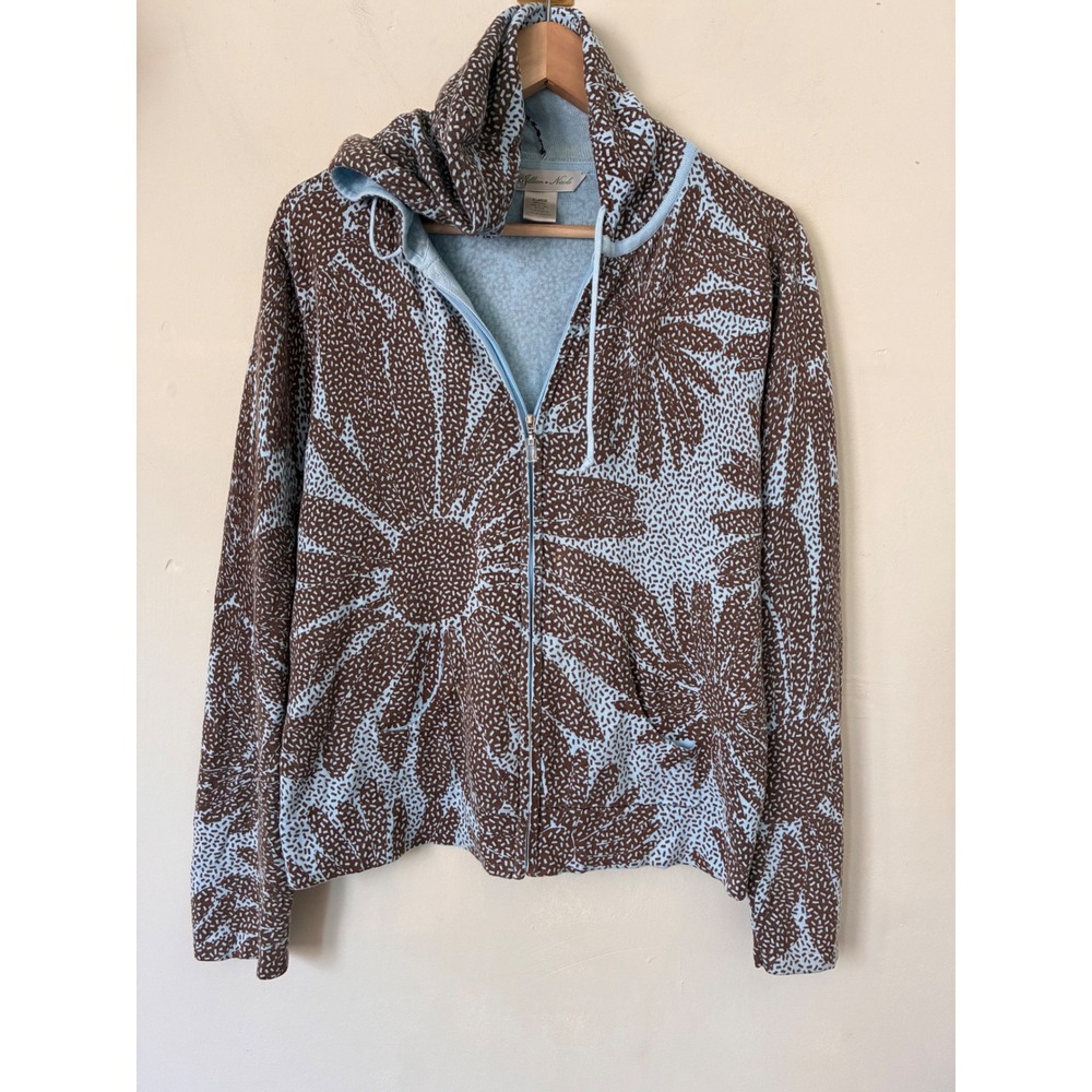 Jillian Nicole Womens XL Full Zip Hoodie Brown Blue Floral Cotton Knit Sweater